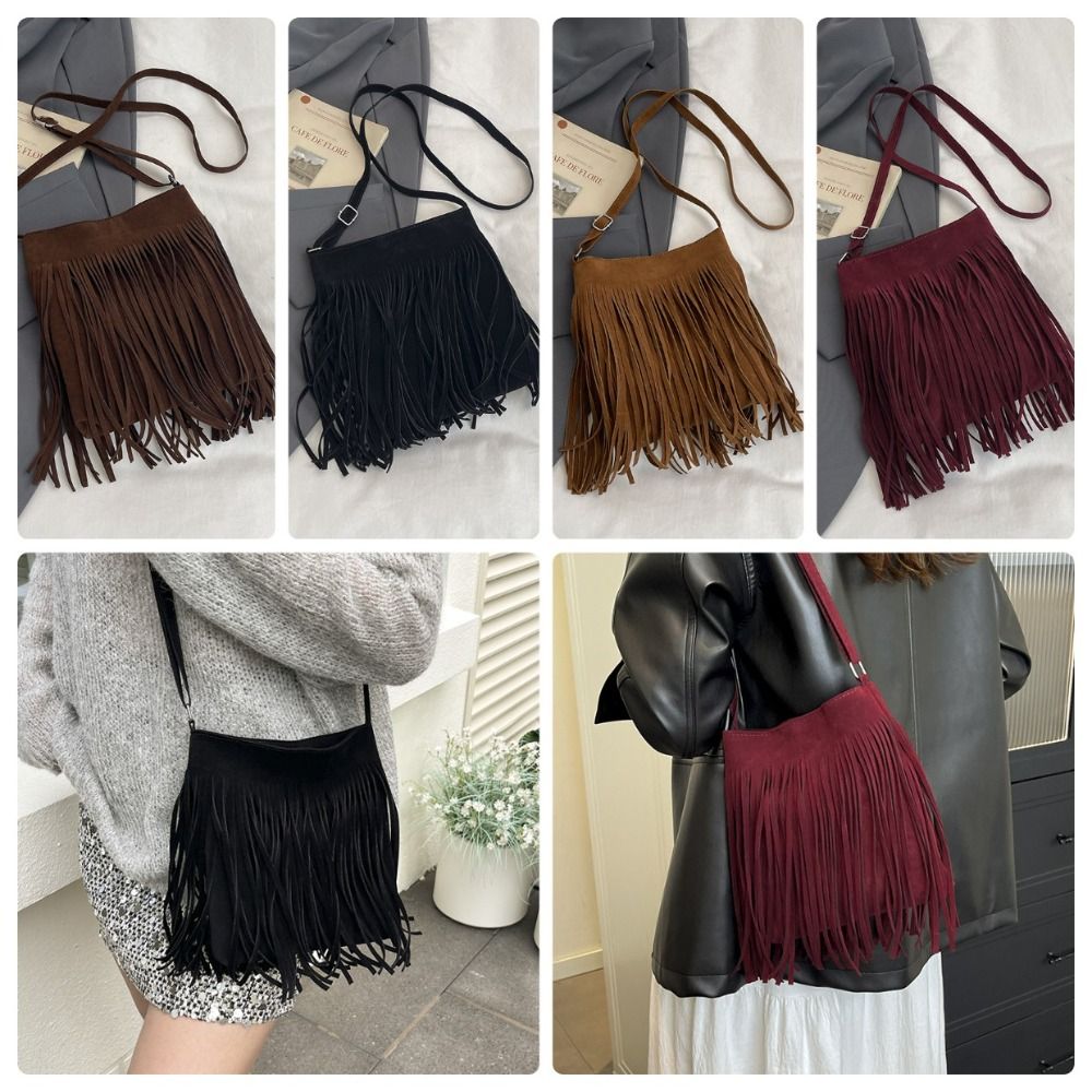 Bucket Bag Suede - Vintage Suede Fringe Crossbody Bag Boho